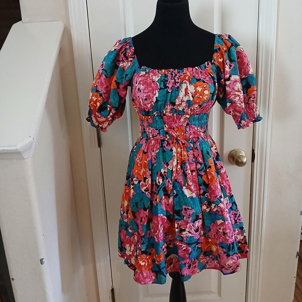 Chelsea & Violet Vibrant Floral Smoked Off Shoulder 100% Cotton Mini Dress XS